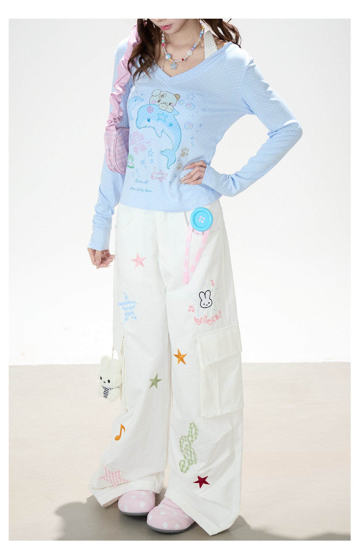 Cartoon Patch Embroidered Wide-Leg Cargo Pants