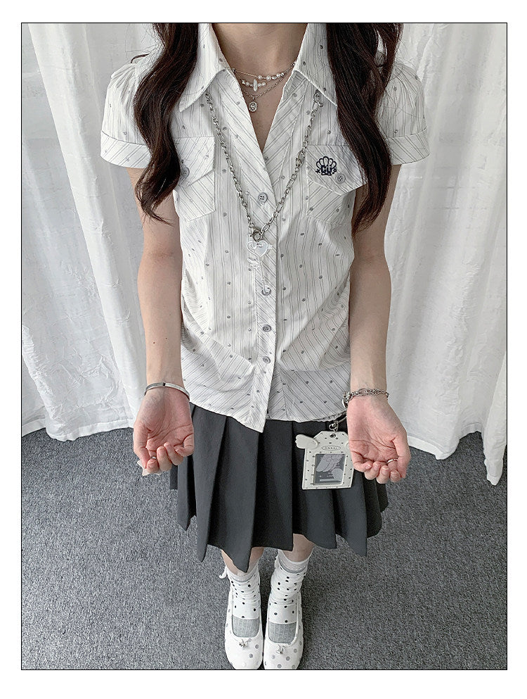 Silver Dot Pinstripe Fitted Short-Sleeve Shirt
