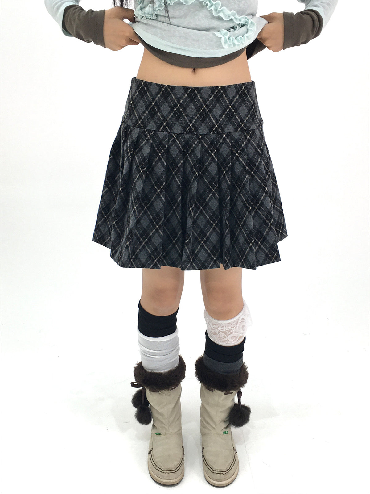Charcoal Plaid Pleated A-Line Mini Skirt