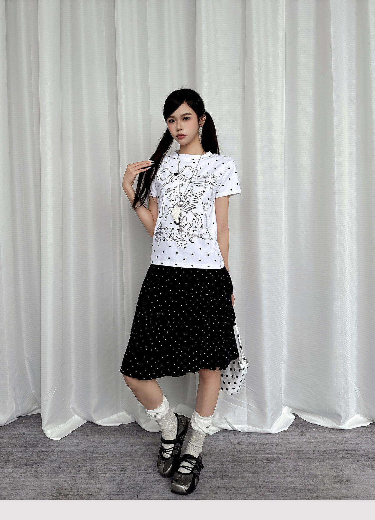 Paw Embroidered Polka Dot Tiered Midi Skirt