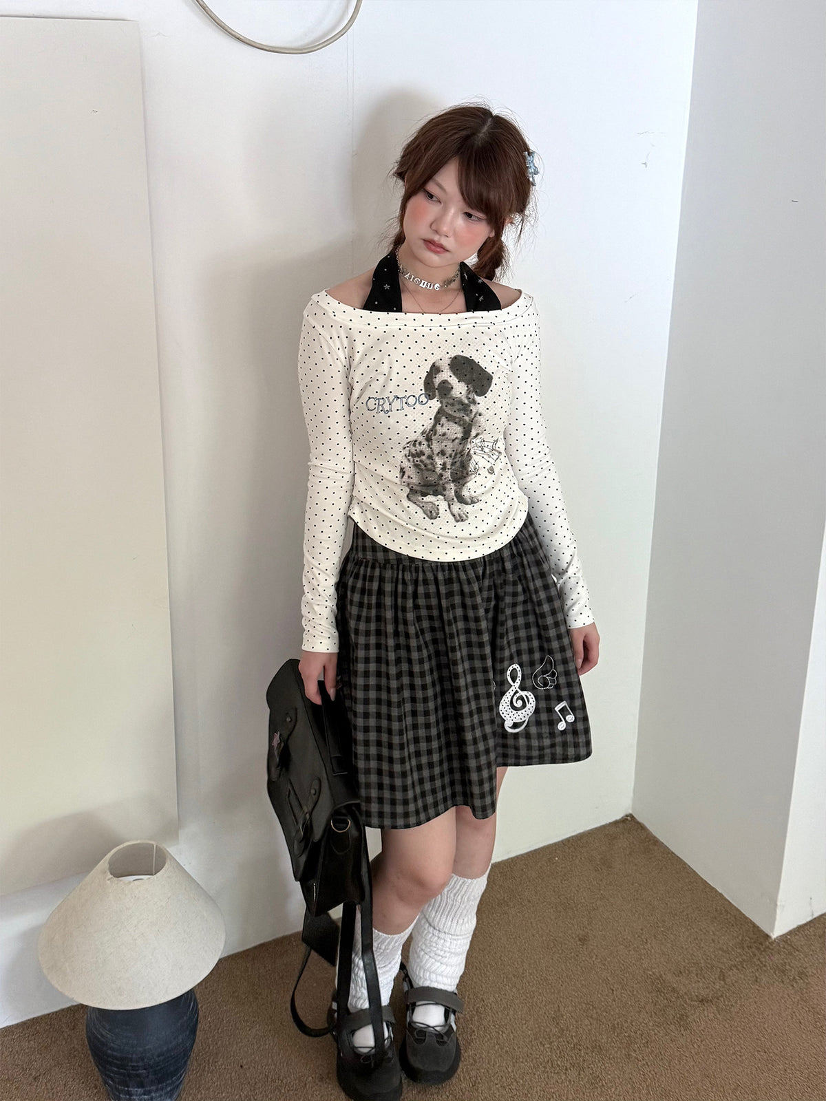 White Polka Dot Puppy Off-Shoulder Long Sleeve Top