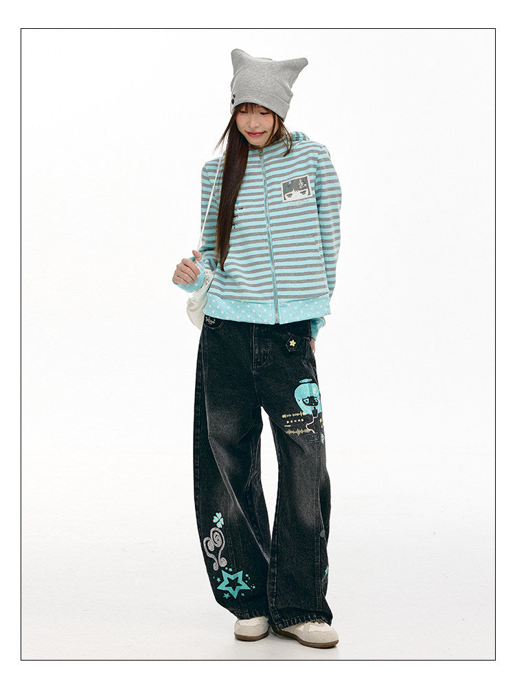 Washed Black Cartoon Music Note Barrel-Leg Jeans