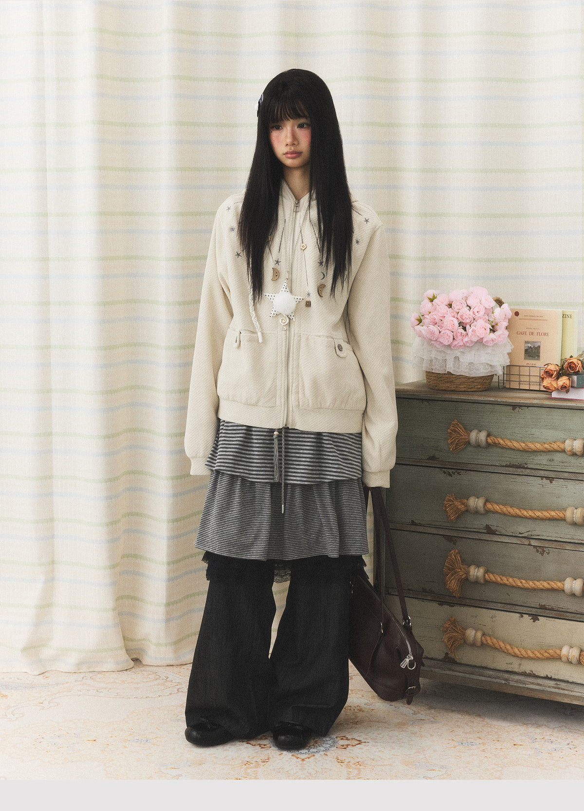 Star & Moon Embroidered Zip-Up Hoodie