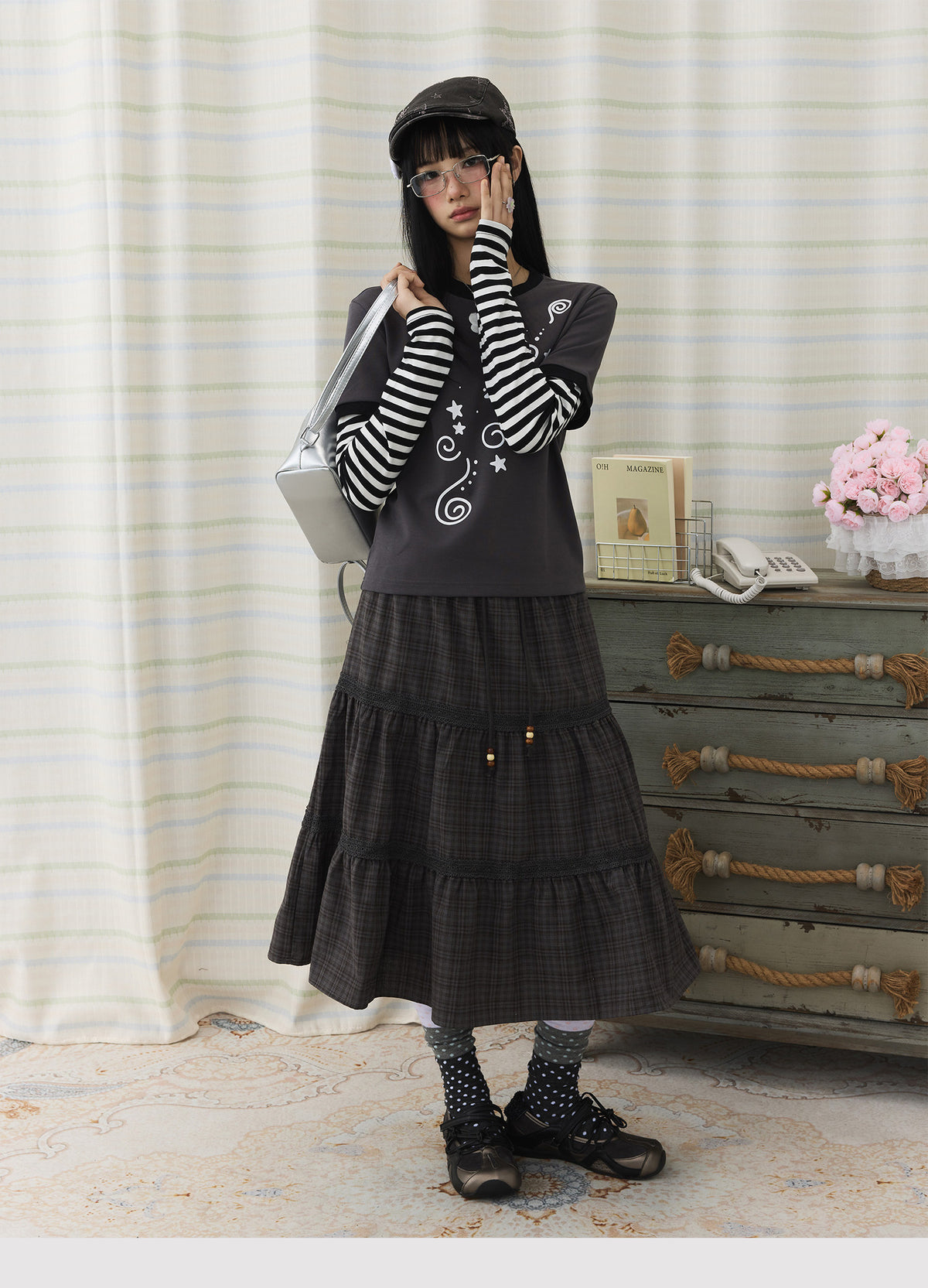 Plaid Tiered Lace Trim Midi Skirt