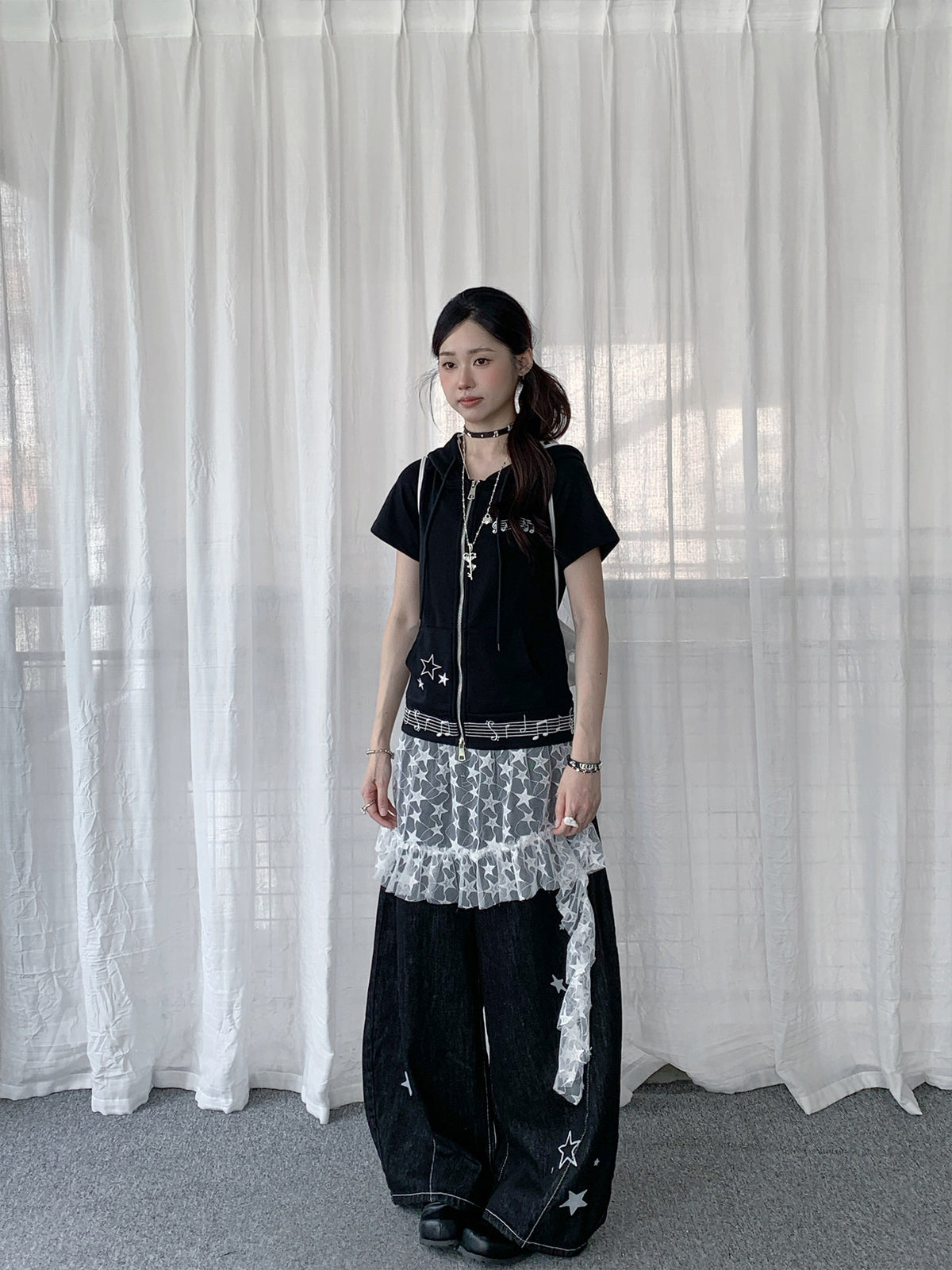 Star Embroidered Wide-Leg Jeans with Lace Overskirt