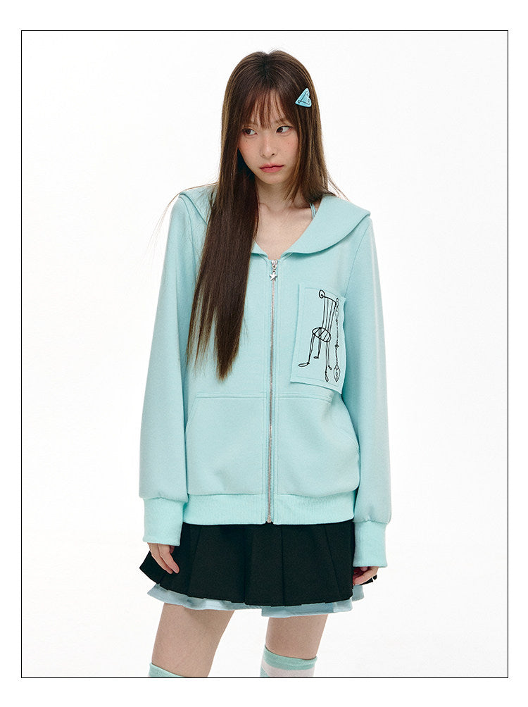 Mint Sailor-Collar Graphic Zip-Up Jacket