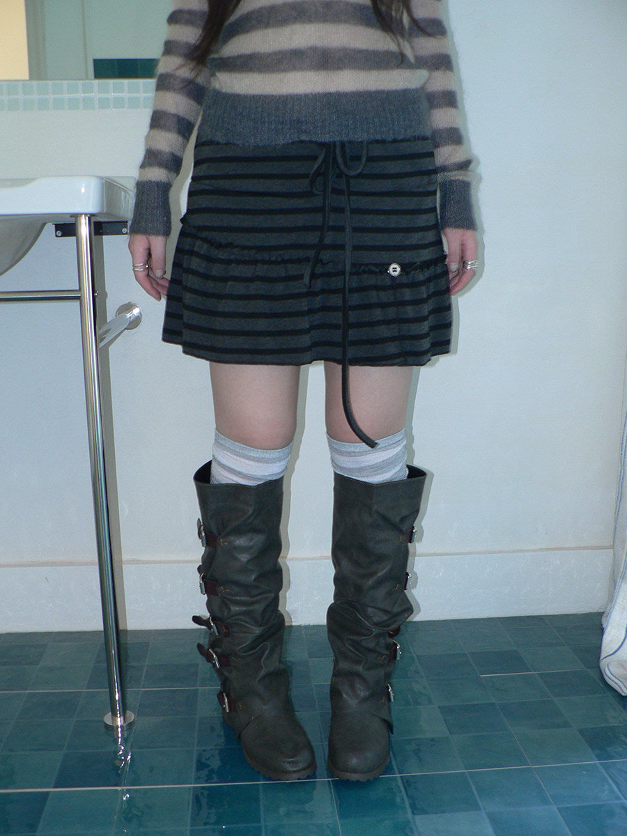 Striped Pleated Tie-Waist Mini Skirt