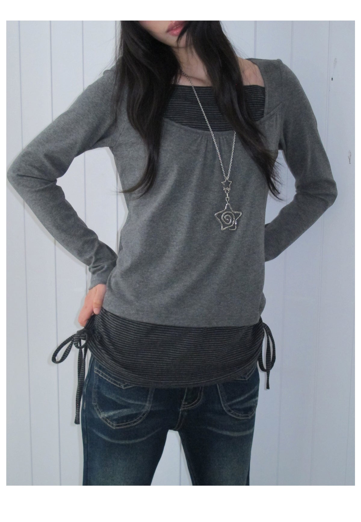 Striped Square-Neck Faux-Layer Drawstring Long Sleeve Top