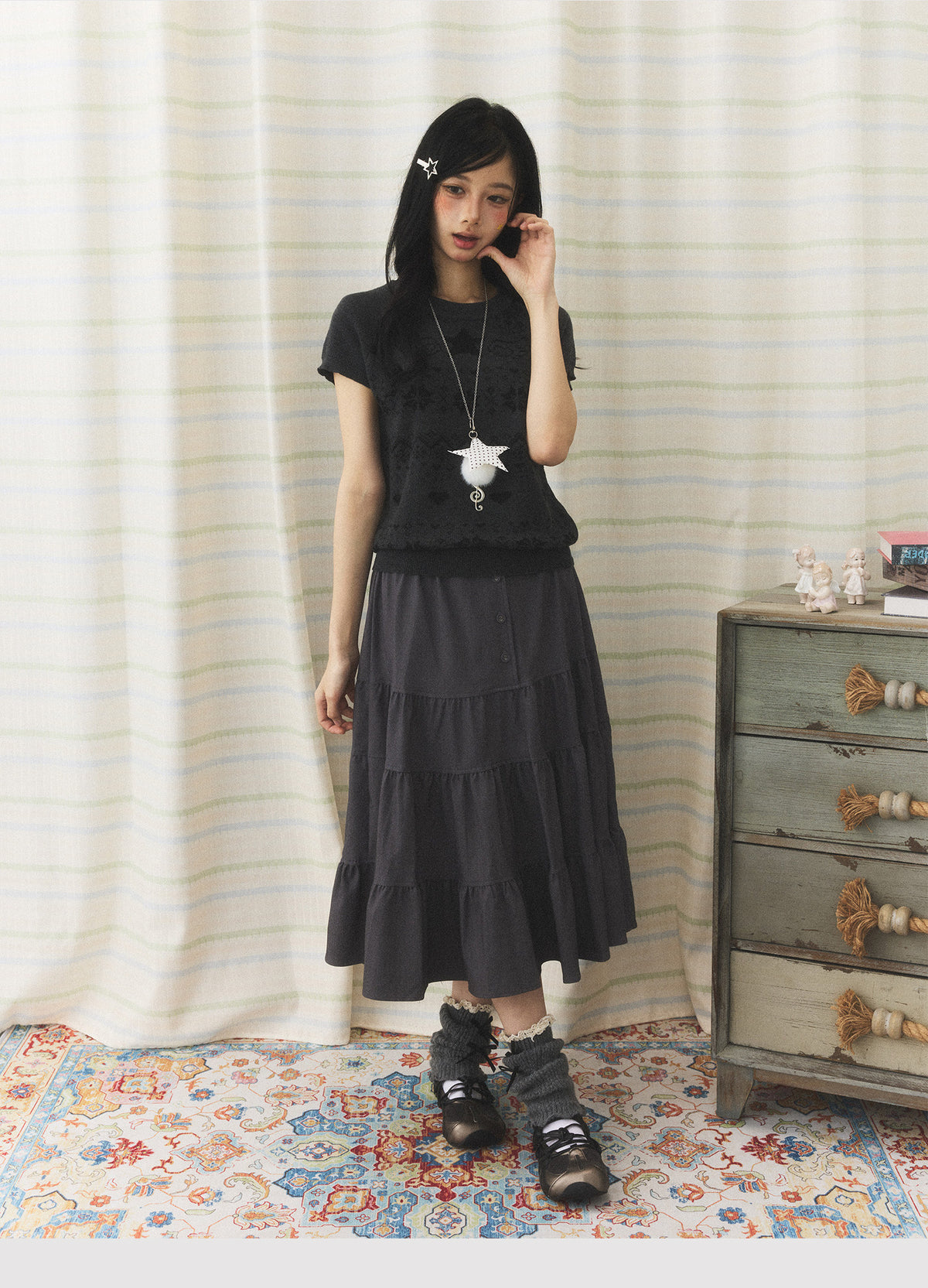 Vintage Jacquard Knit Short Sleeve Top