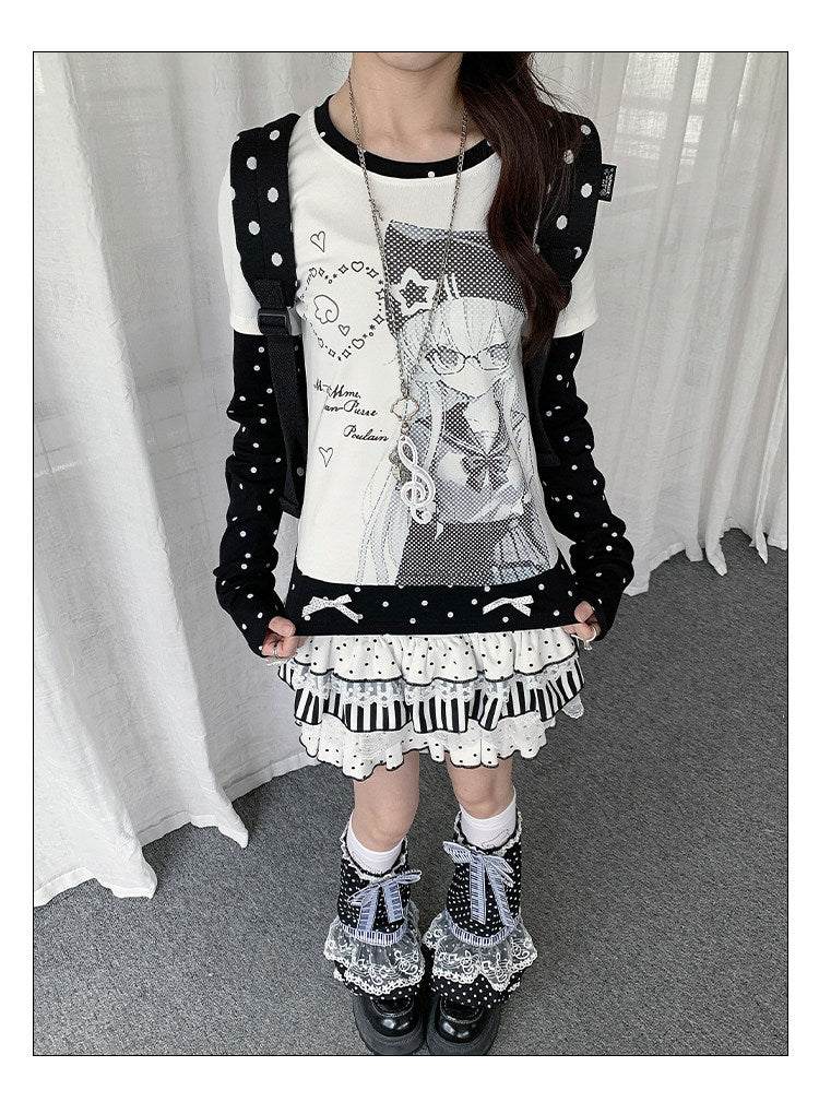 Polka Dot Faux-Layer Girl Graphic Long Sleeve Tee