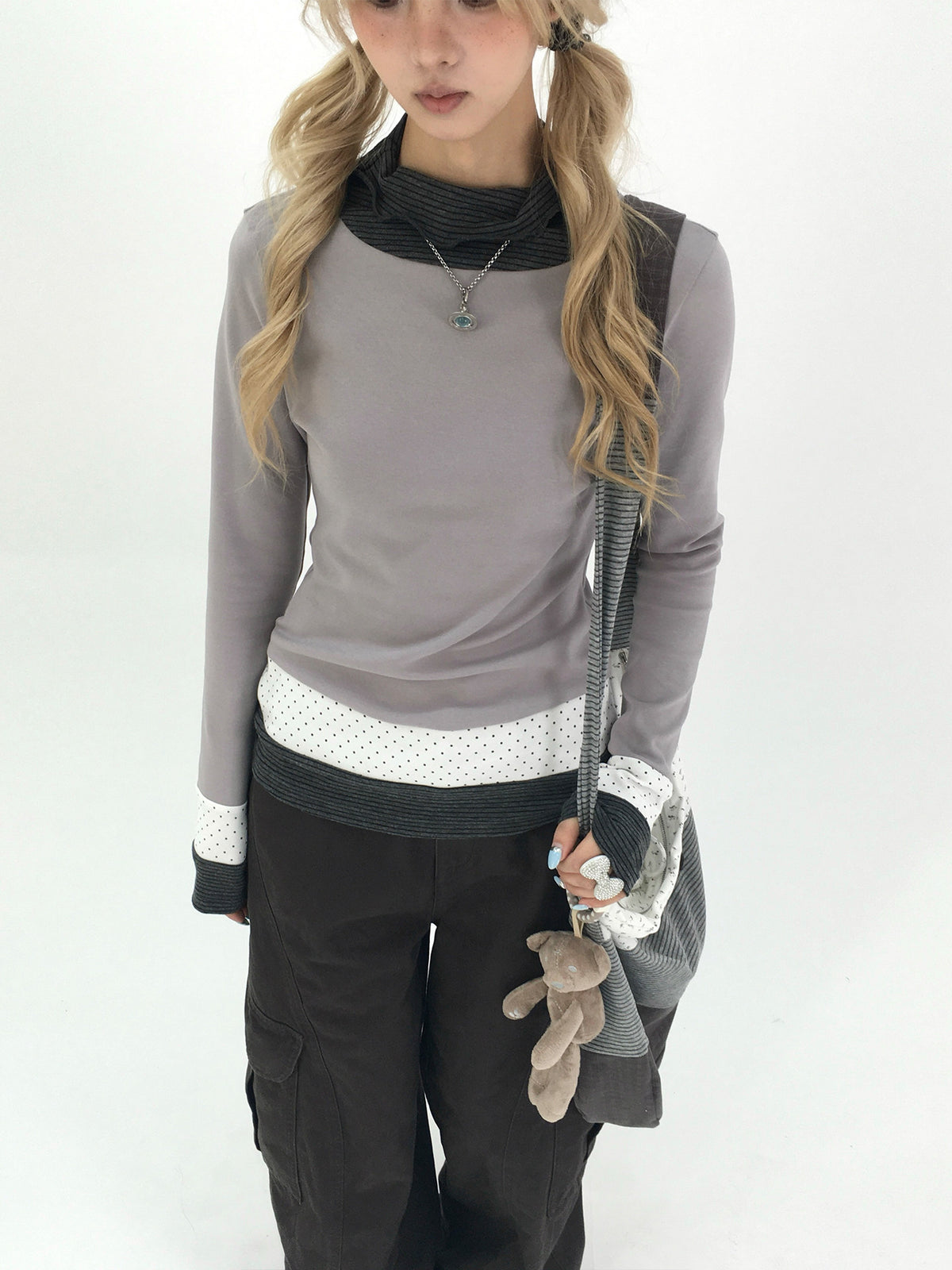 Mist Gray Polka Dot & Stripe Faux-Layer Long Sleeve Top