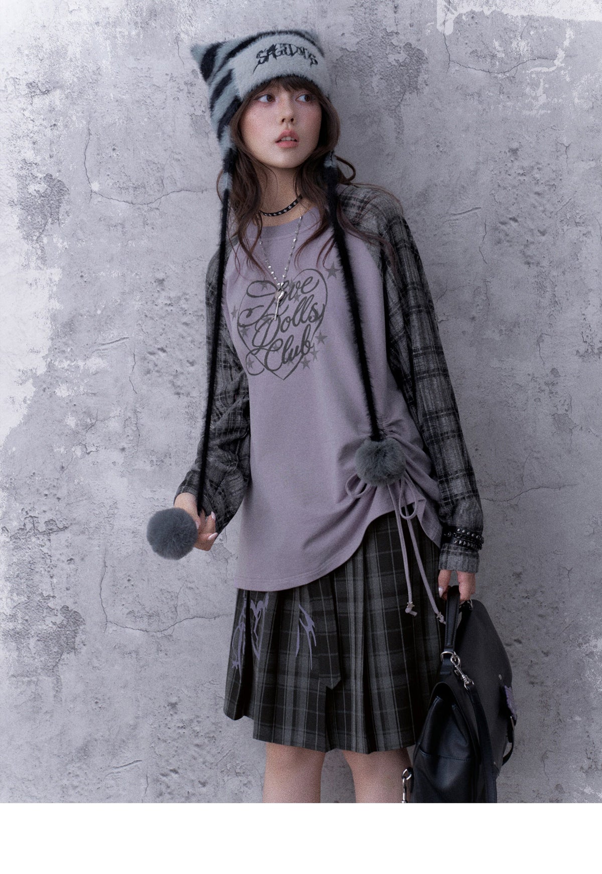 Double-Waist Graphic Plaid Pleated Midi Skirt