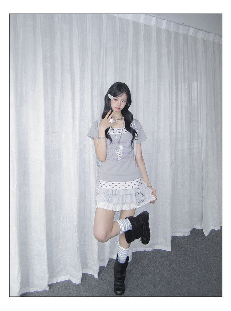 Lilac Polka Dot Faux-Layer Fitted Tee