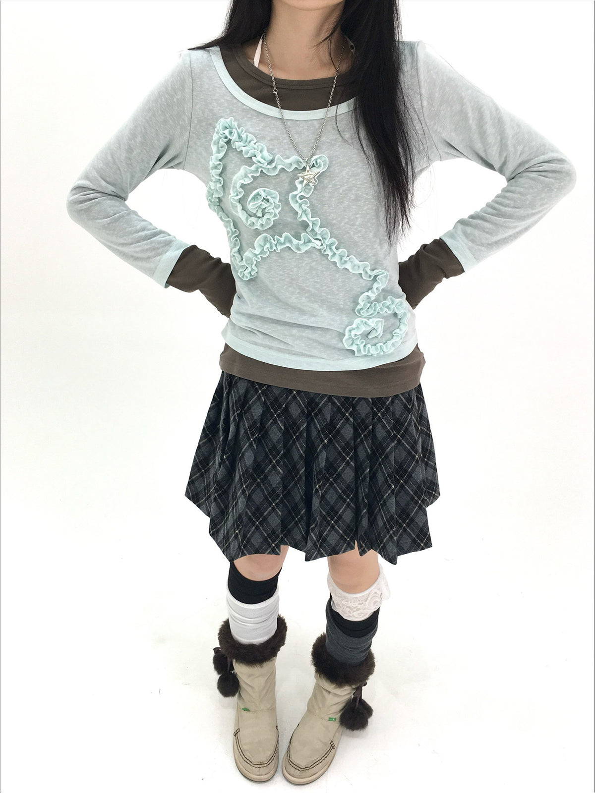 Mist Aqua Ruffle Star Faux-Layer Long Sleeve Top