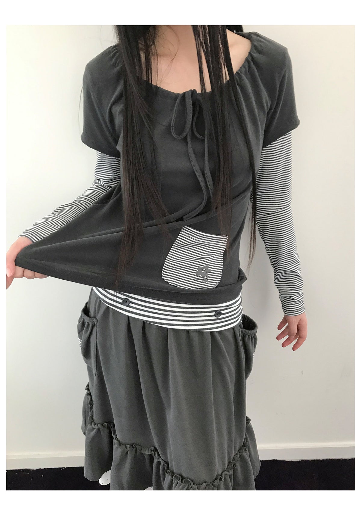 Tie-Neck Striped Faux-Layer Long Sleeve Top