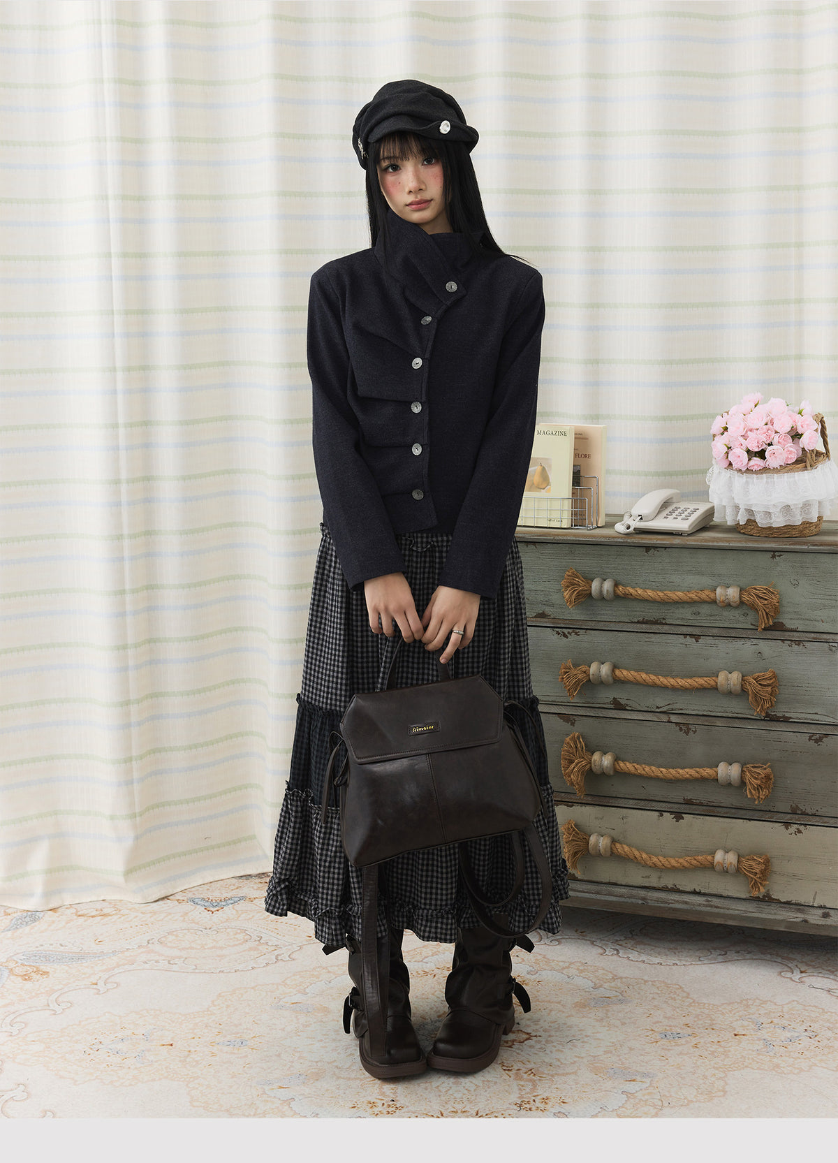 Asymmetric Pleated Collar Cropped Button Jacket