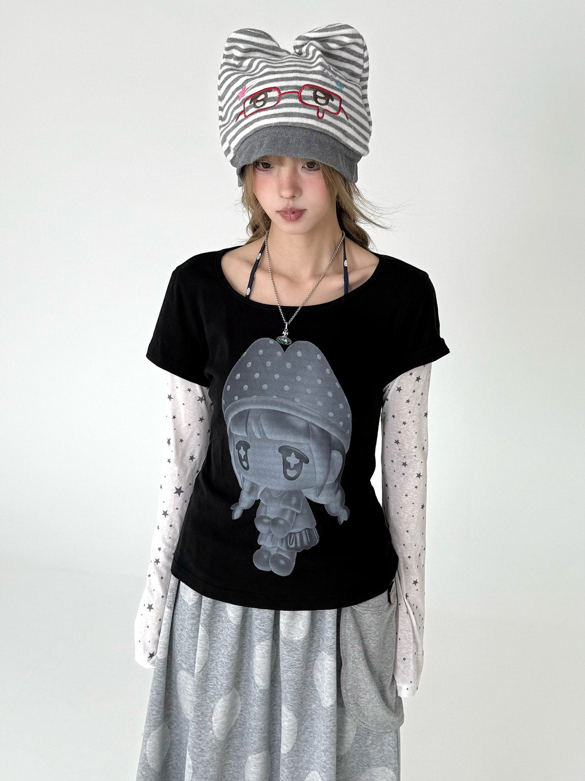 Mushroom Girl Star Faux-Layered Long Sleeve Tee