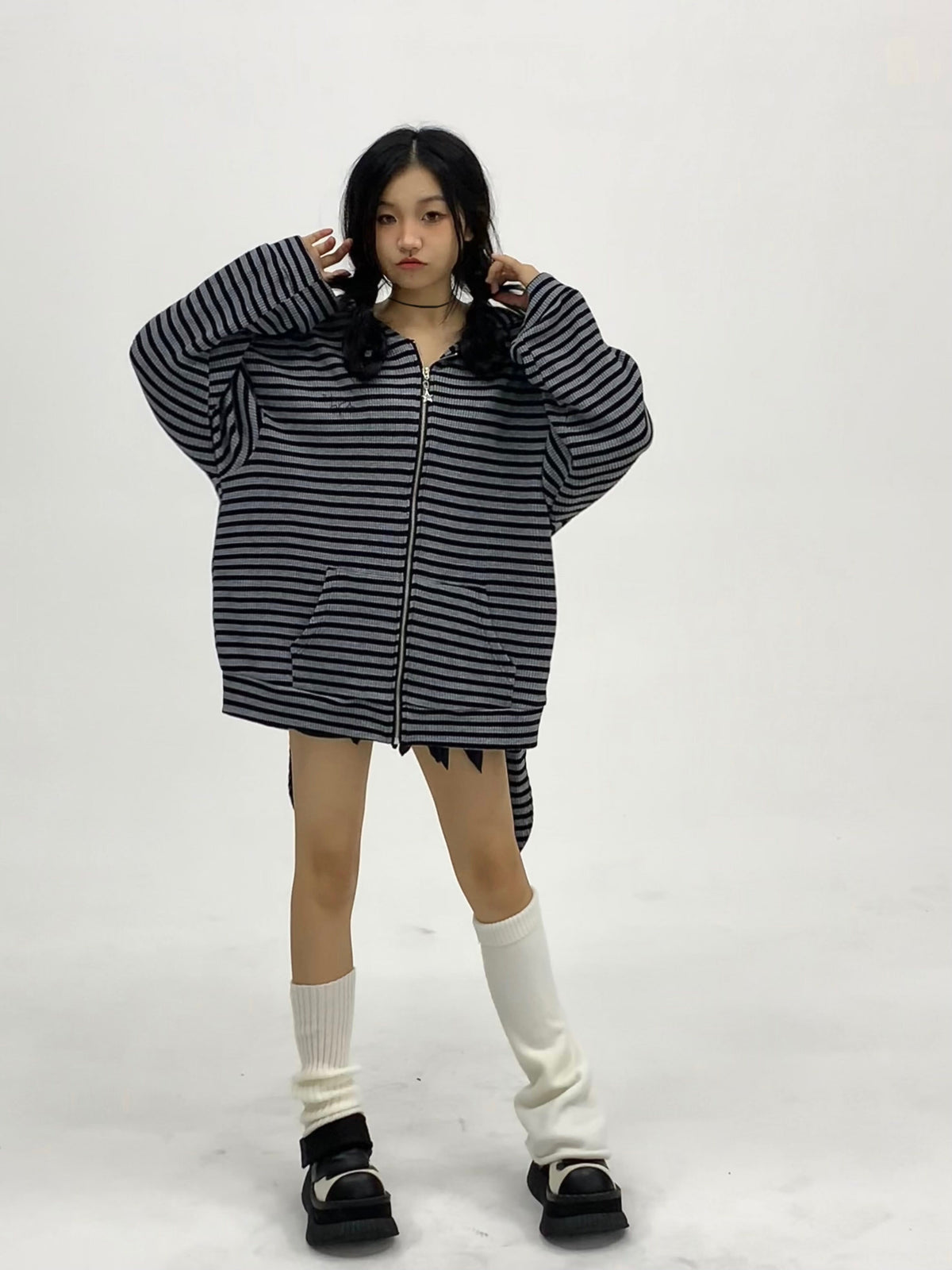 Shadow Stripe Bunny Ear Zip Hoodie
