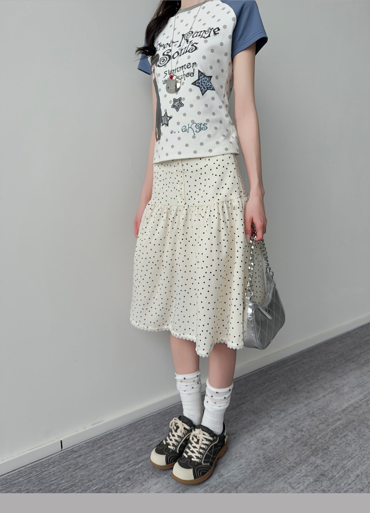 Polka Dot Button Tiered Midi Skirt
