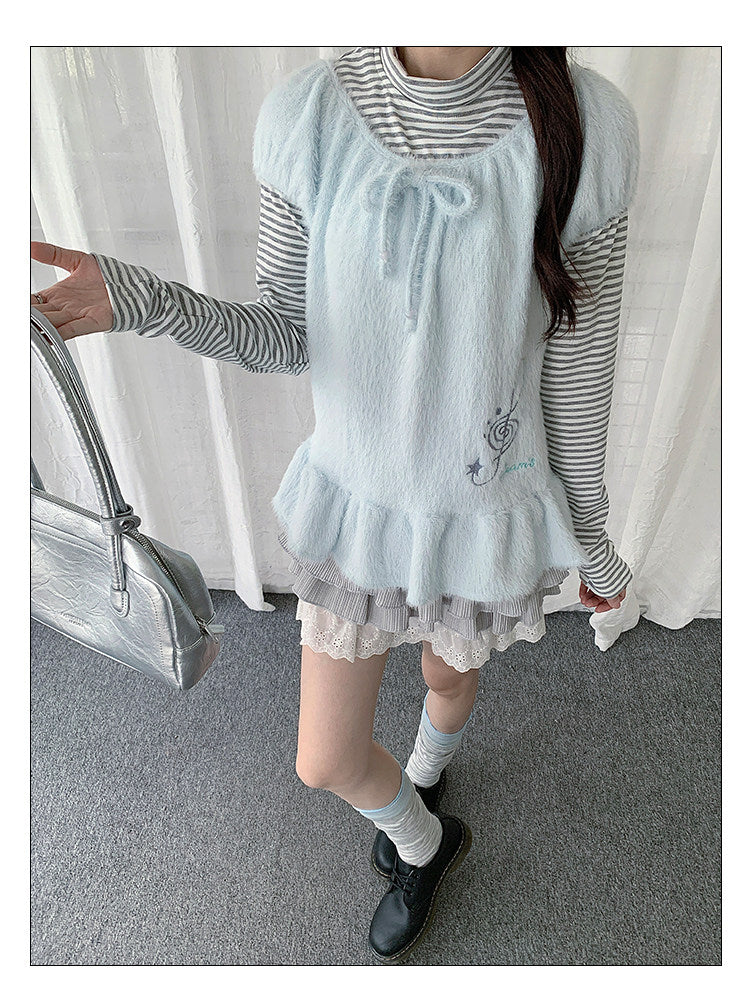 Fuzzy Ruffle Layered Two-Piece Long Sleeve Top Set