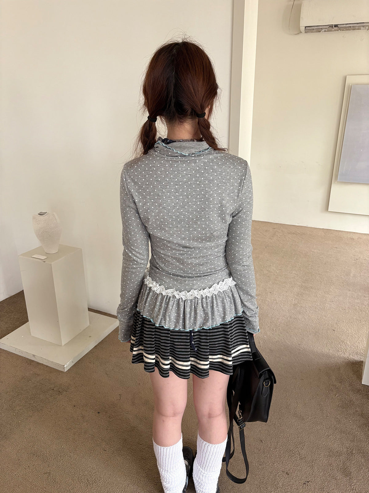 Polka Dot Lace-Trim Mock-Neck Long Sleeve Top