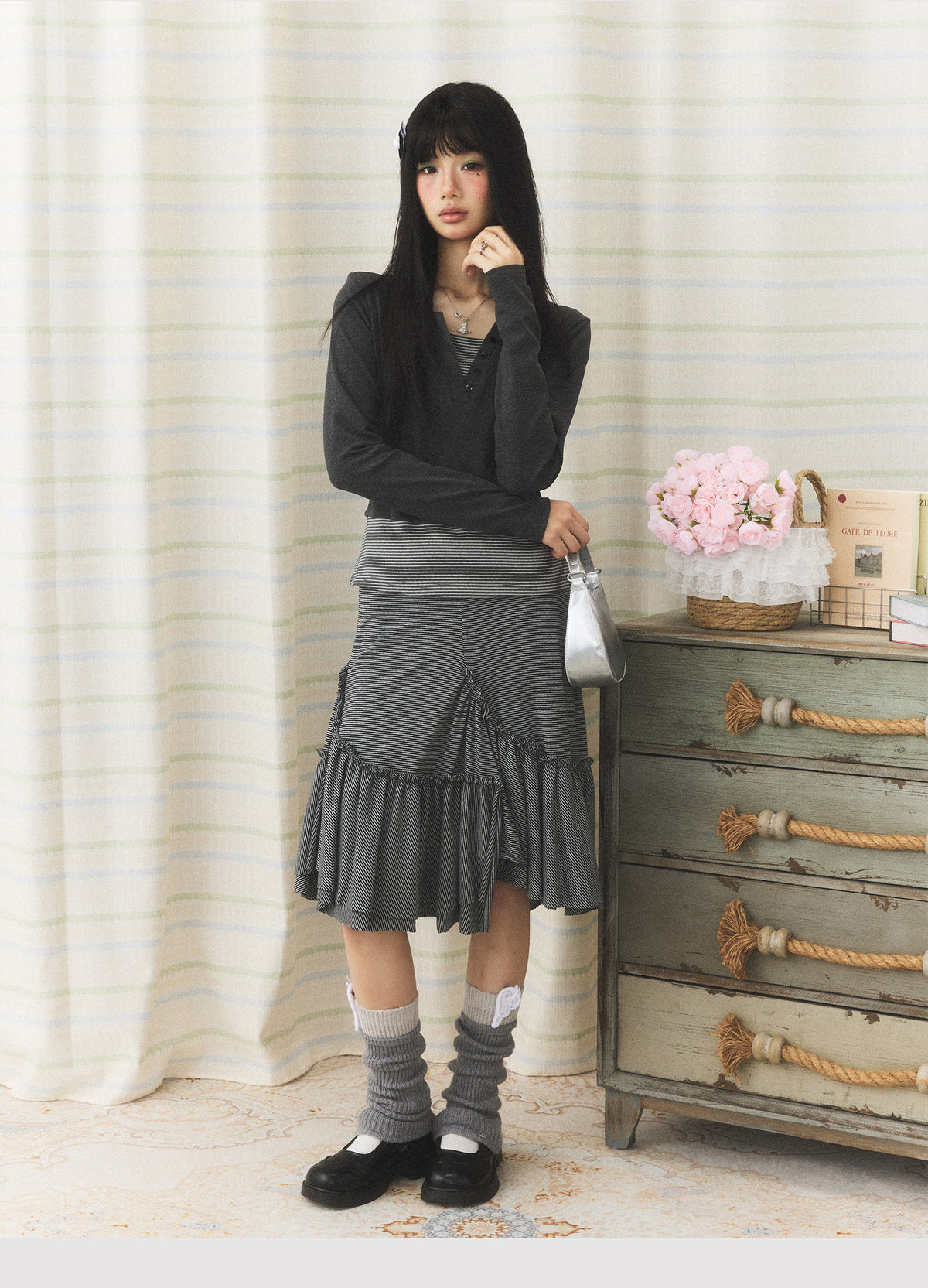 Striped Faux-Layer Halter Long Sleeve Top