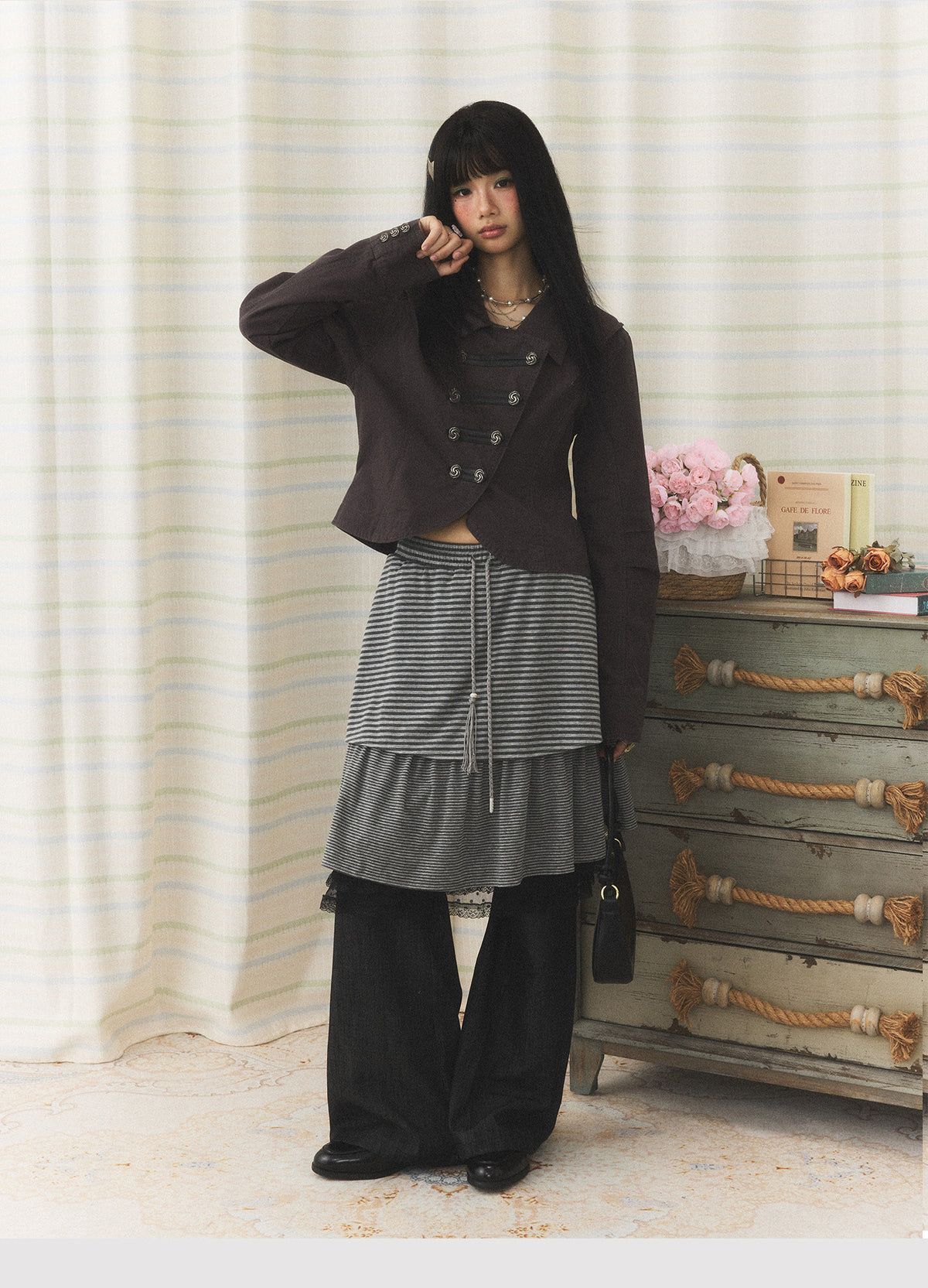 Striped Layered Skirt Wide-Leg Pants