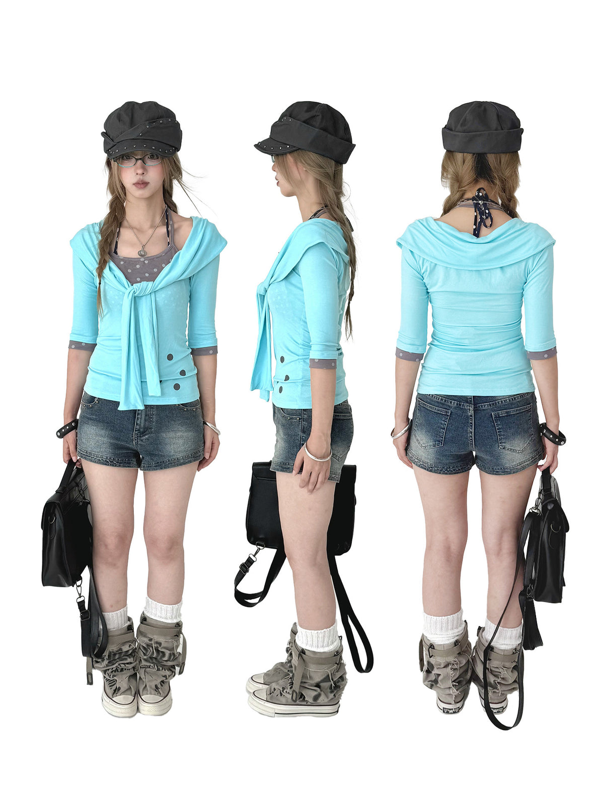 Aqua Tie-Front Faux Layered Henley Top
