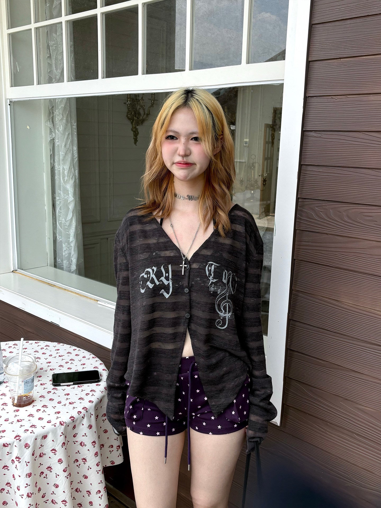 Smoky Brown Sheer Music Star Cardigan