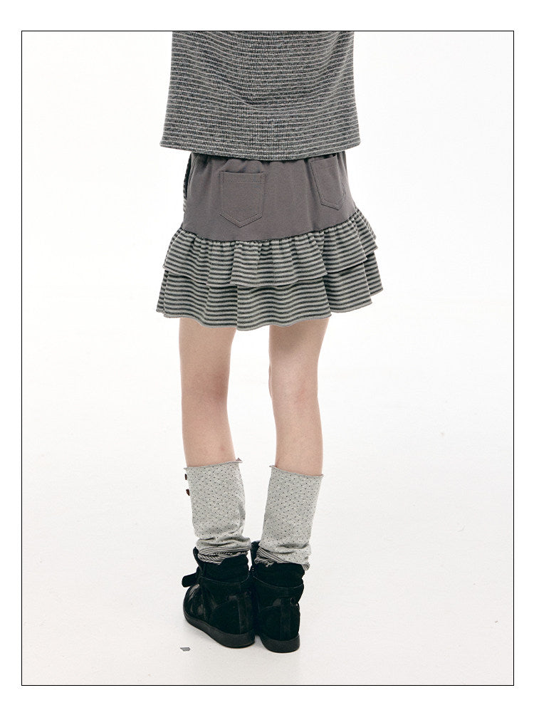 Charcoal Stripe Double-Ruffle A-Line Mini Skirt