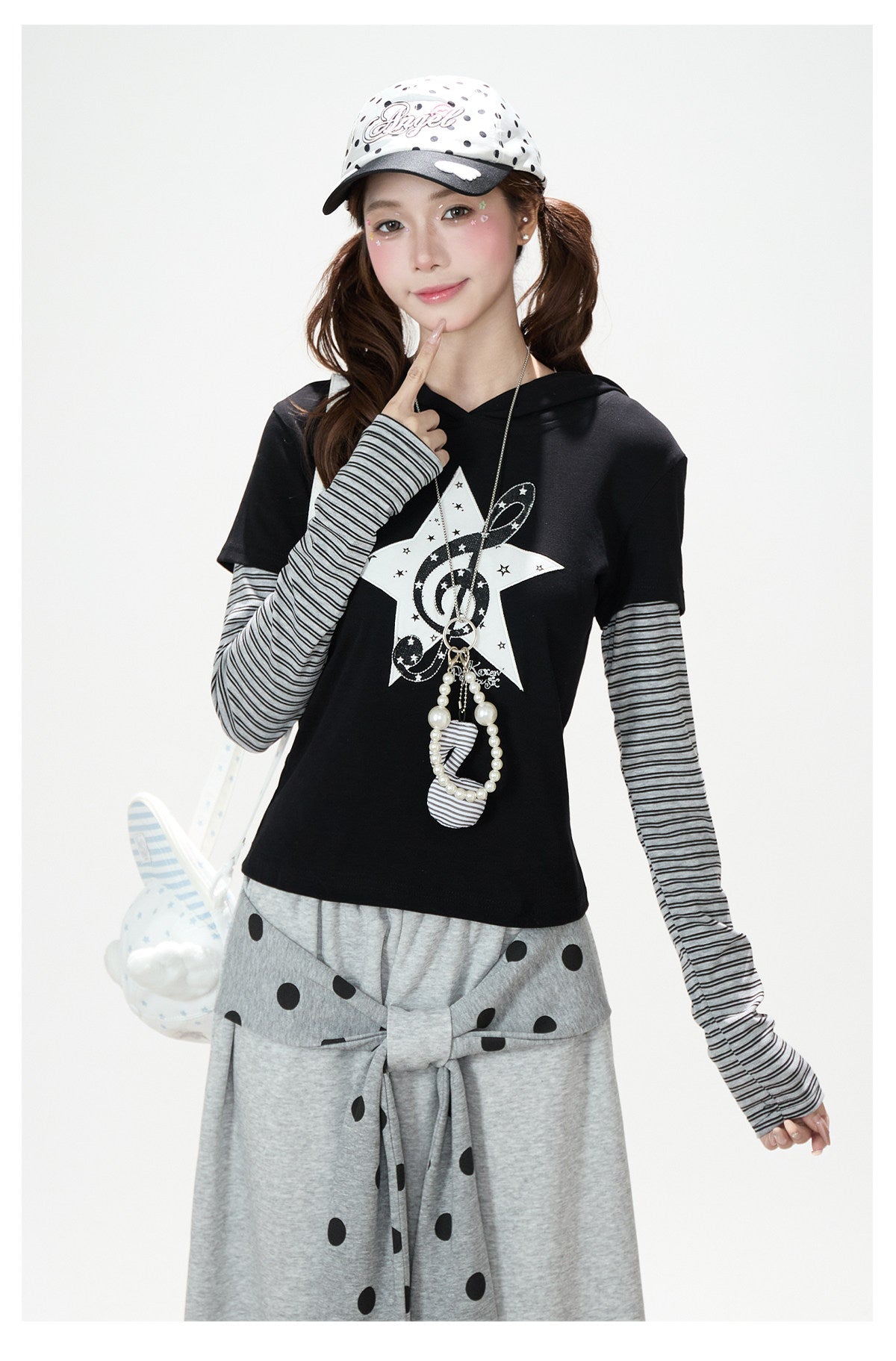 Music Note Star Layered Hoodie Top & Polka Dot Tie-Waist Wide-Leg Pants