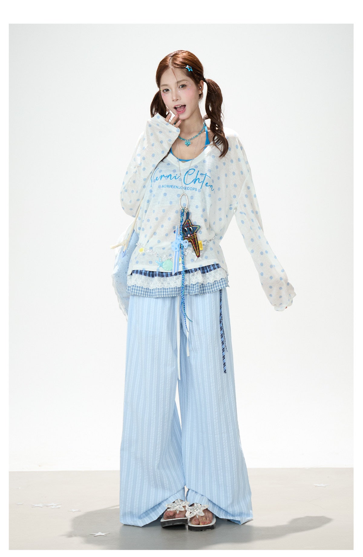 Polka Dot Layered Top & Wide-Leg Pants