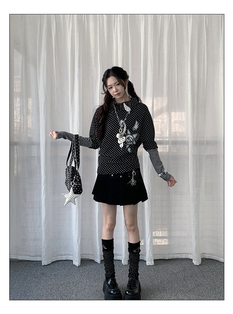 Polka Dot Collar Striped Layered Long Sleeve Top