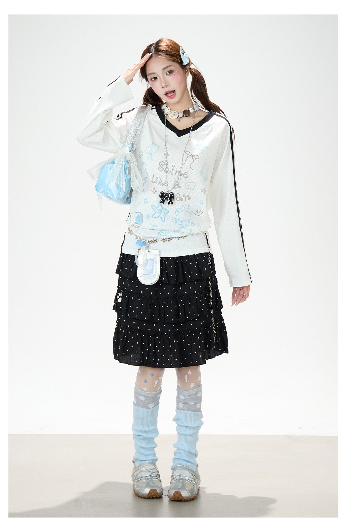 Dreamy Doodle V-Neck Long Sleeve Top & Polka Dot Tiered Ruffle Skirt