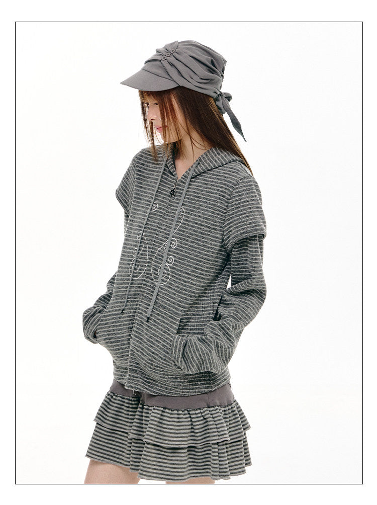 Charcoal Stripe Music Note Faux-Layer Zip Hoodie