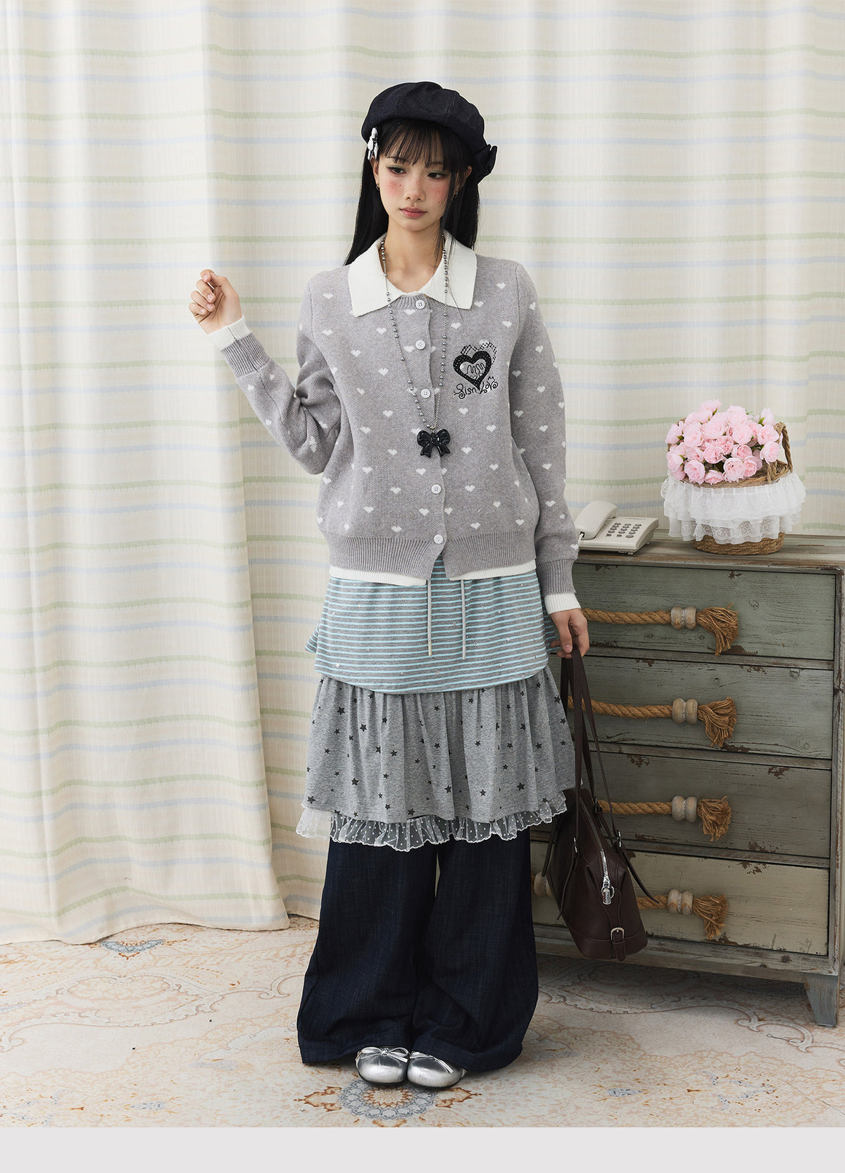 Star Stripe Layered Skirt Wide-Leg Pants