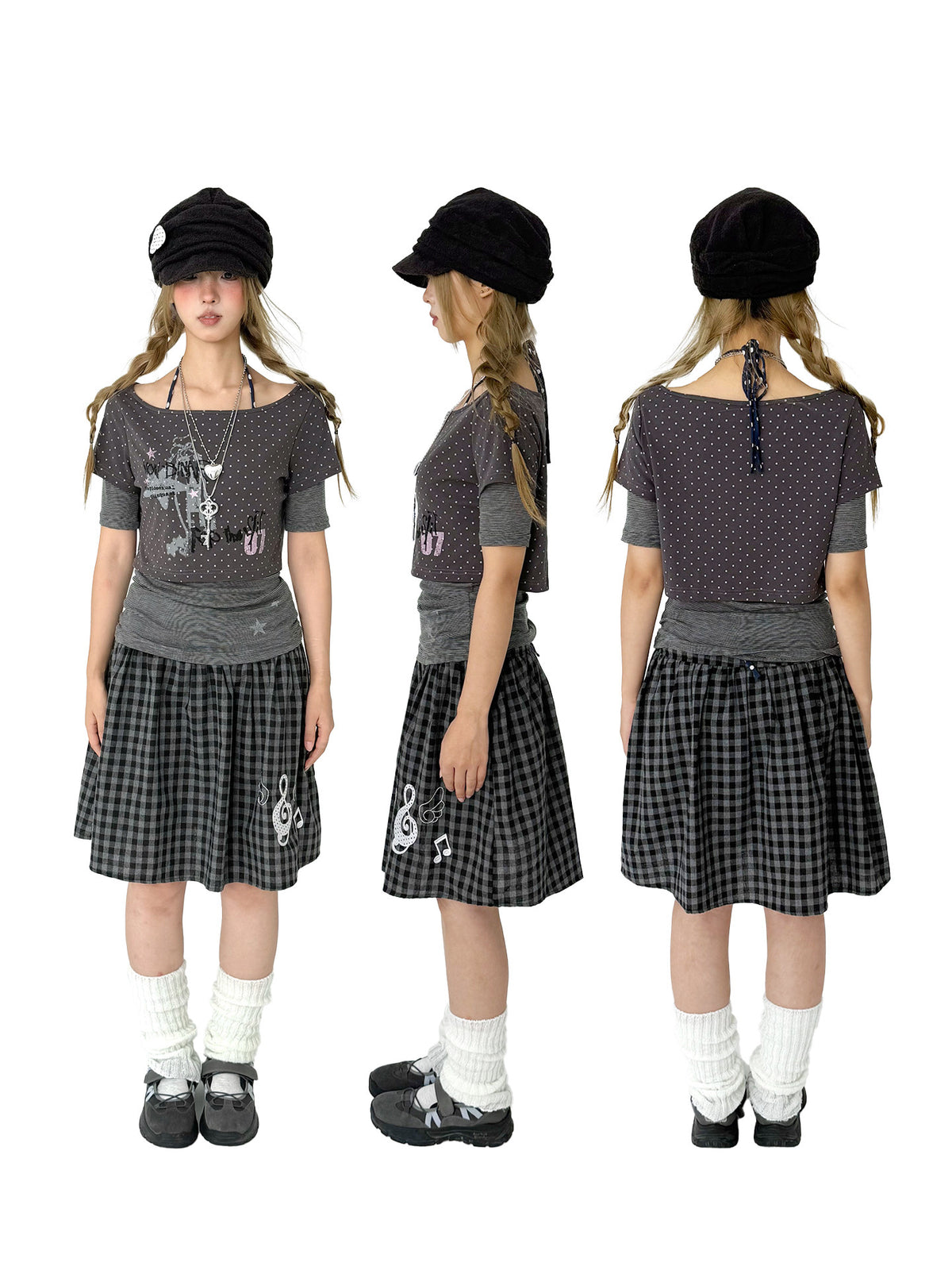 Pastel Anime Plaid Long Sleeve Top & Camo Lace-Trim Midi Skirt