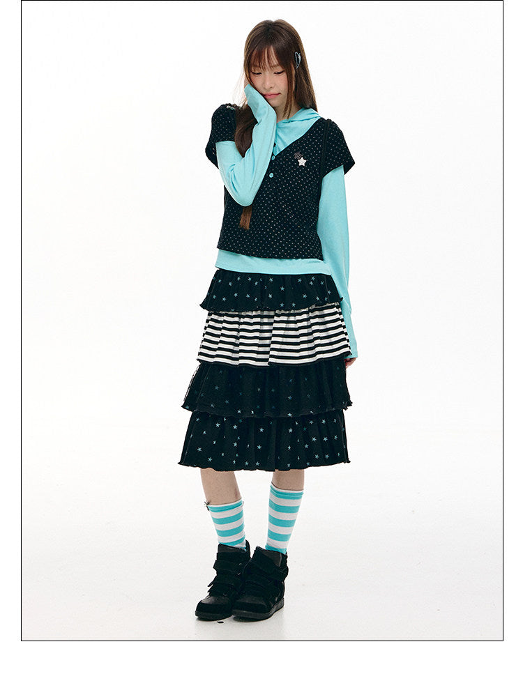 Star Stripe Tiered Ruffle Midi Skirt