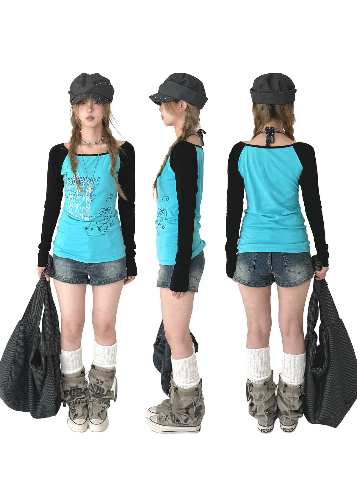 Aqua Contrast Graphic Raglan Long Sleeve Top