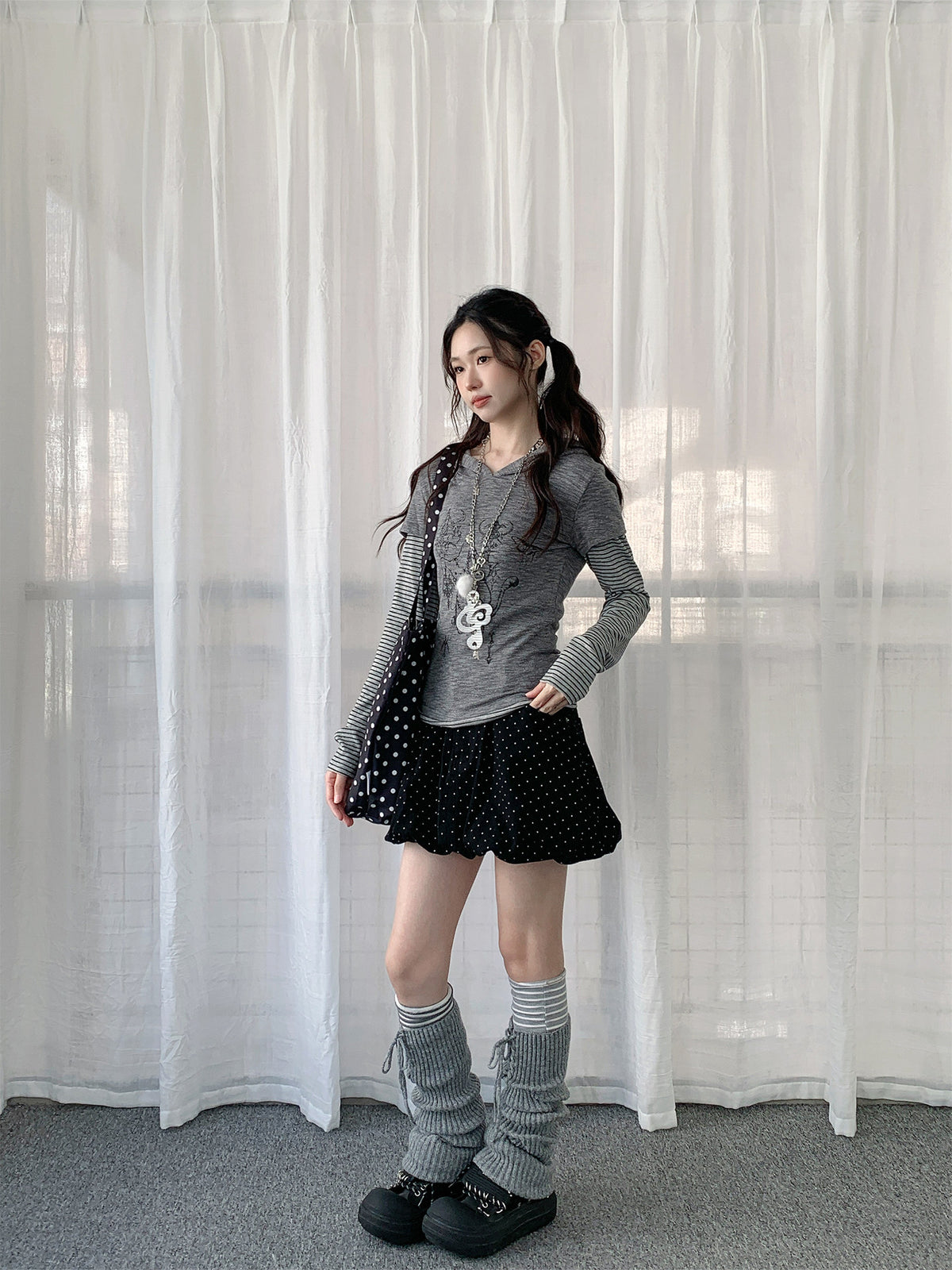 Striped Layered Hooded Graphic Long Sleeve Top