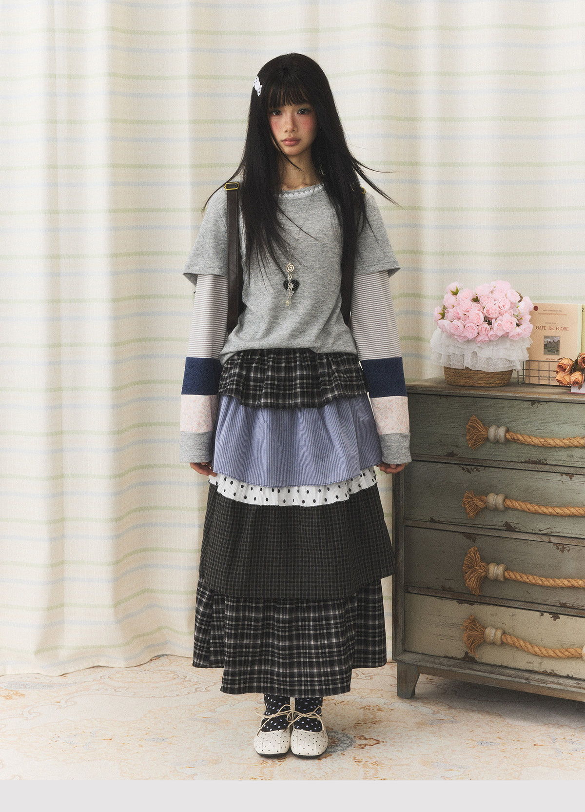 Mixed Plaid Tiered Patchwork Midi Skirt