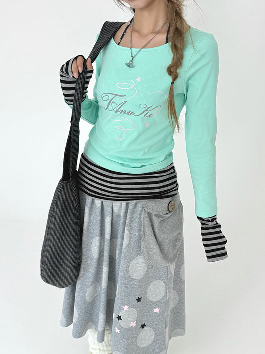 Mint Star Script Faux-Layered Long Sleeve Top