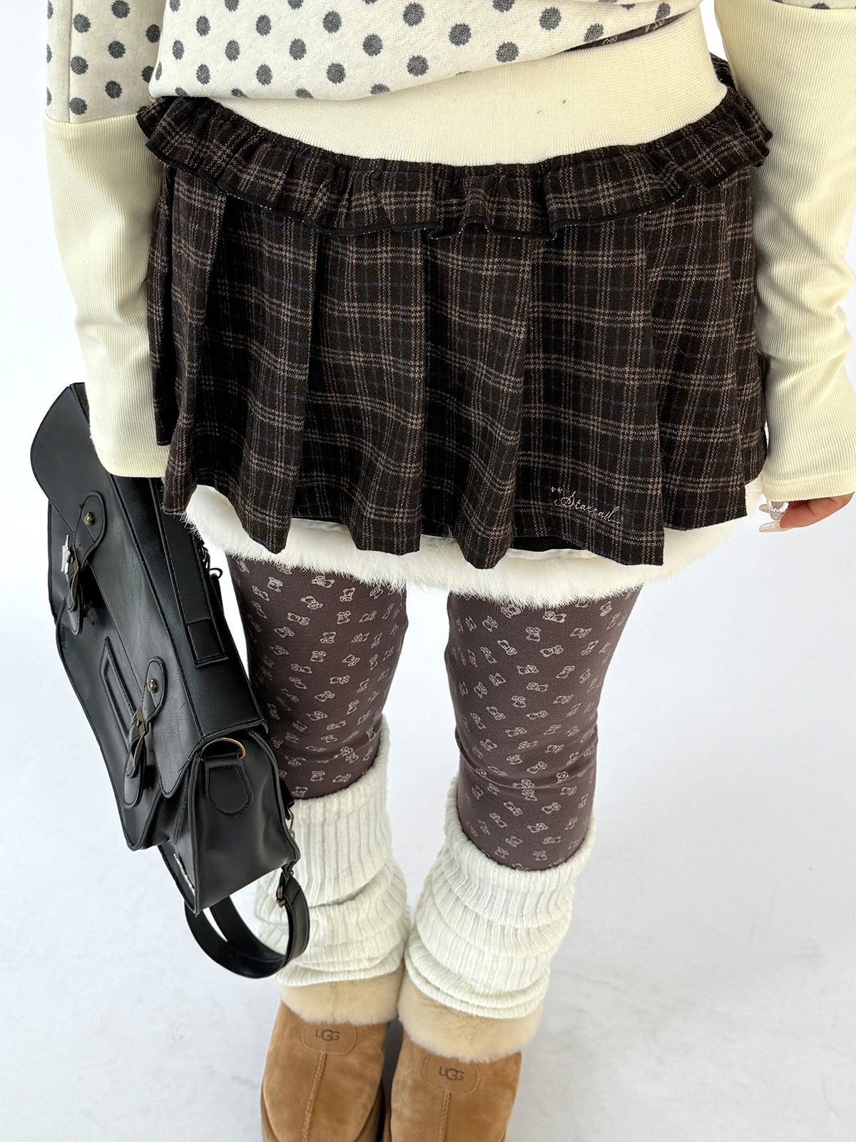 Brown Plaid Fuzzy-Trim Pleated Mini Skirt