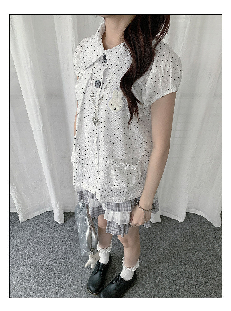 Polka Dot Bunny Patch Puff-Sleeve Shirt