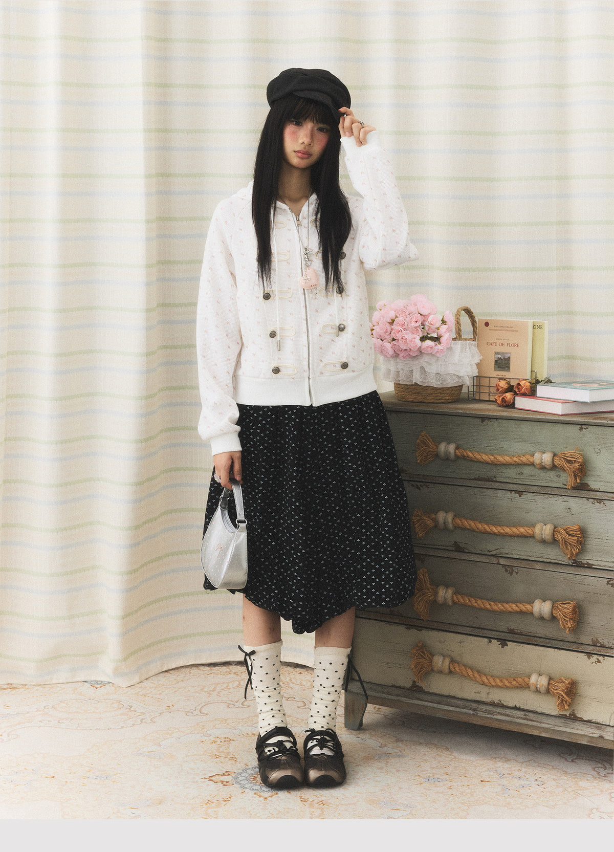 Floral Waffle Toggle Zip-Up Hoodie