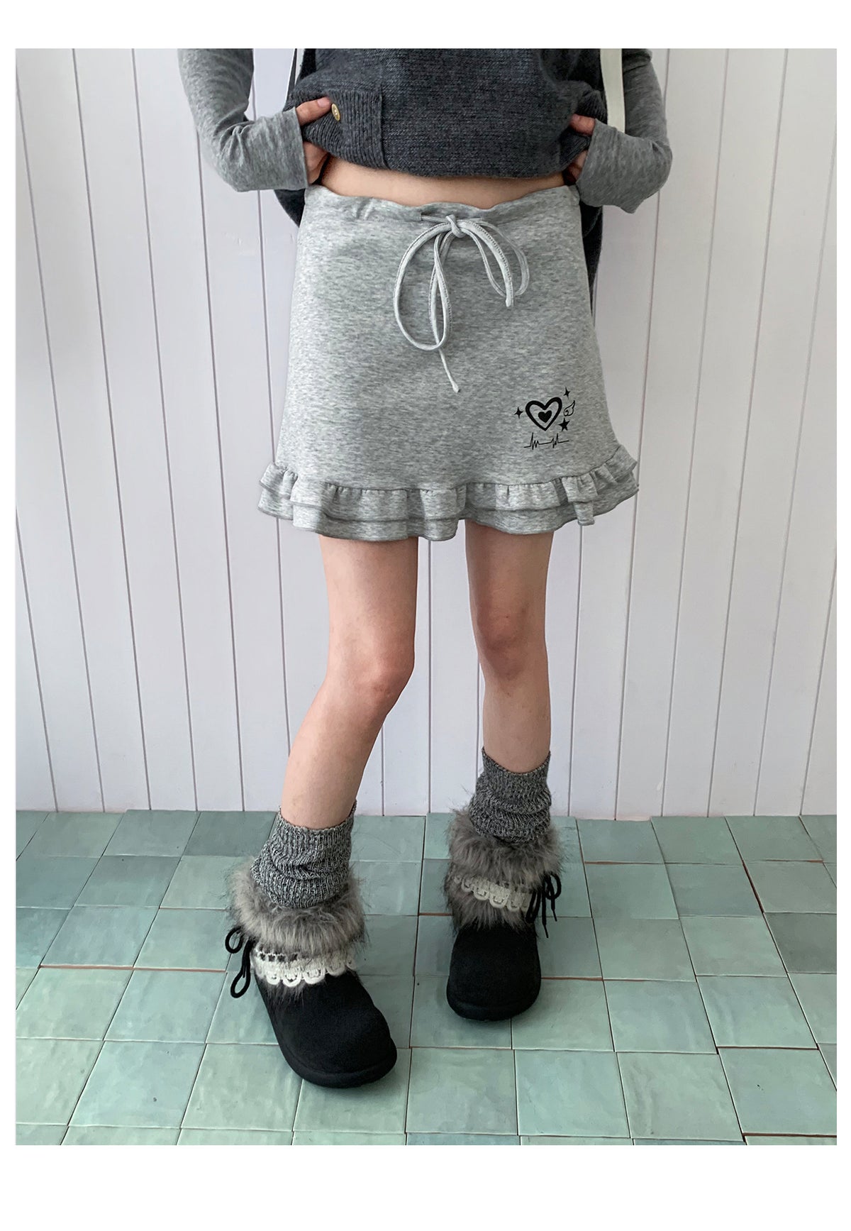 Heart Pulse Drawstring Ruffle Mini Skirt