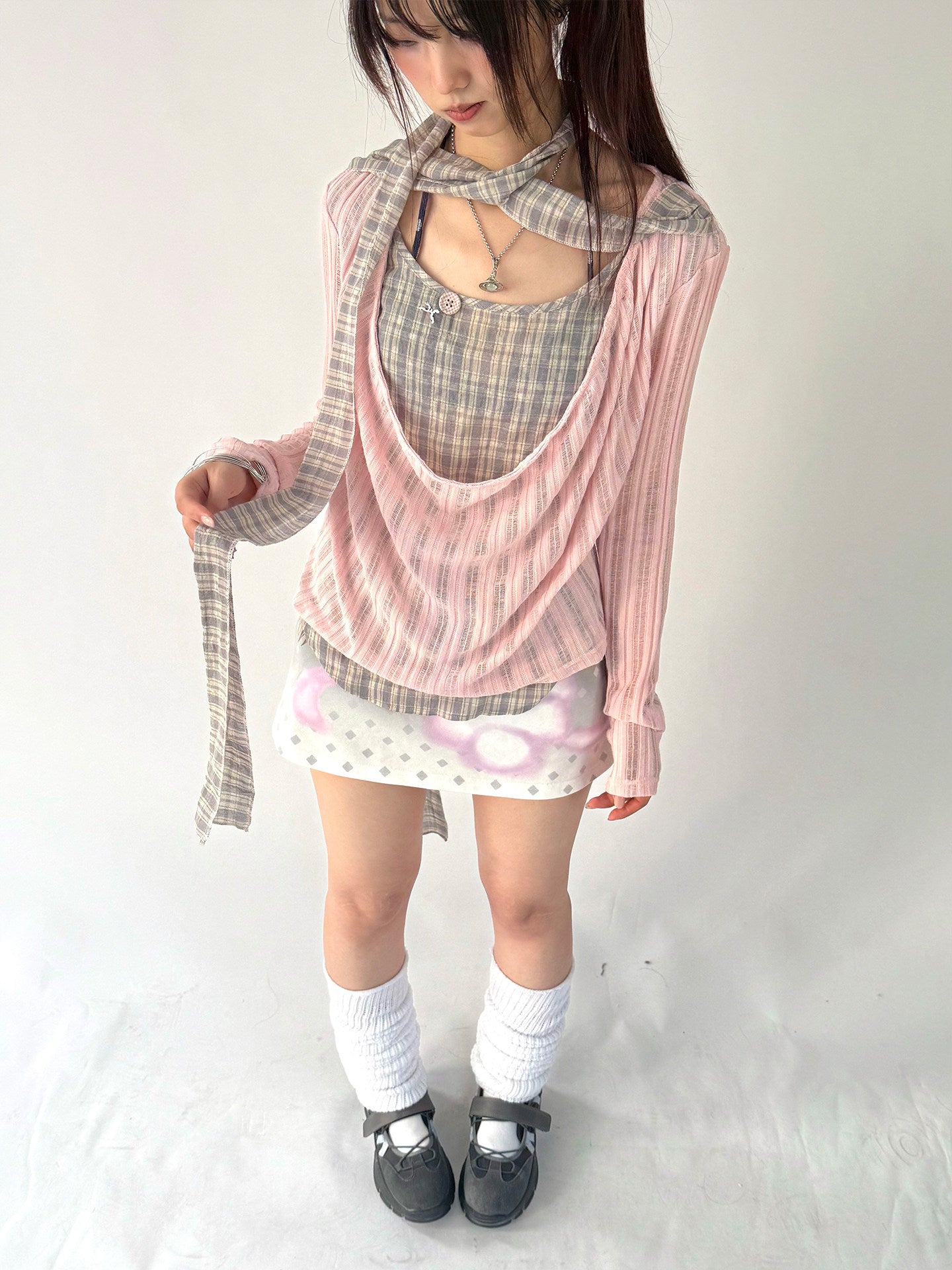 Dusty Pink Plaid Cowl-Neck Layered Top