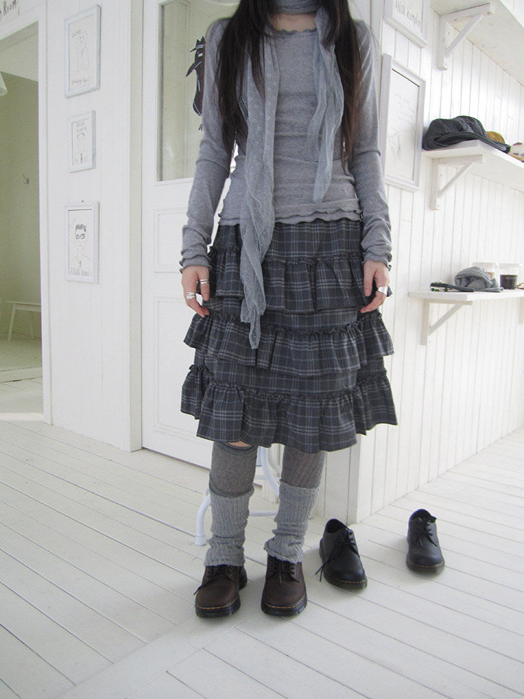 Vintage Gray Plaid Tiered Ruffle Skirt