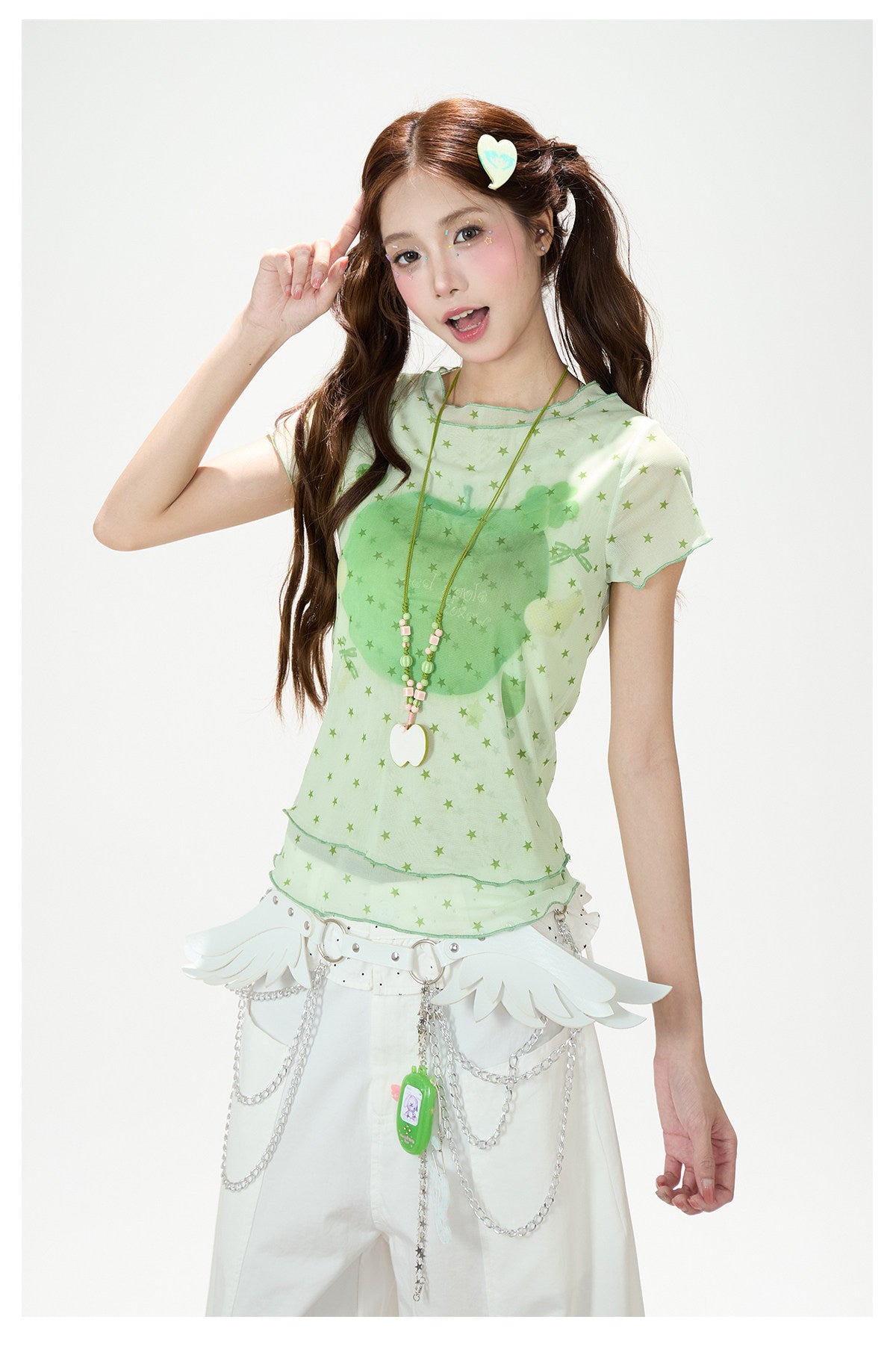 Star Mesh Baby Tee & White Wide-Leg Pants