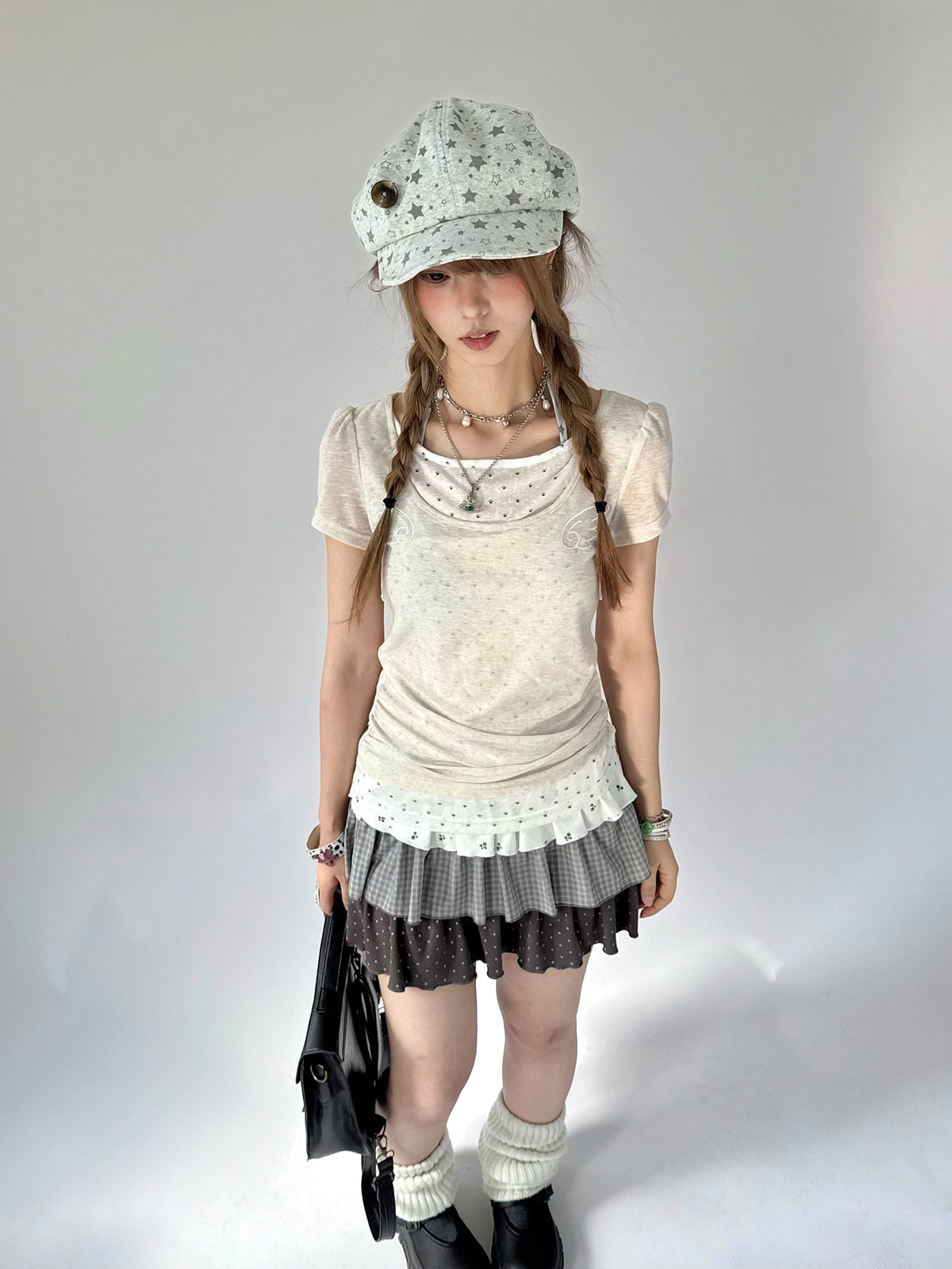 Angel Dot Faux-Layer Ruffle Short Sleeve Top